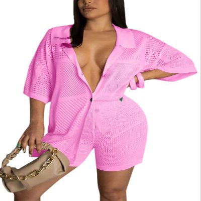 KANSOON Women Short Sets 2 Piece Outfits Knit Half Sleeve Shirt High Waist Shorts Set Rose S