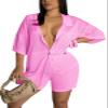 KANSOON Women Short Sets 2 Piece Outfits Knit Half Sleeve Shirt High Waist Shorts Set Rose S view 1