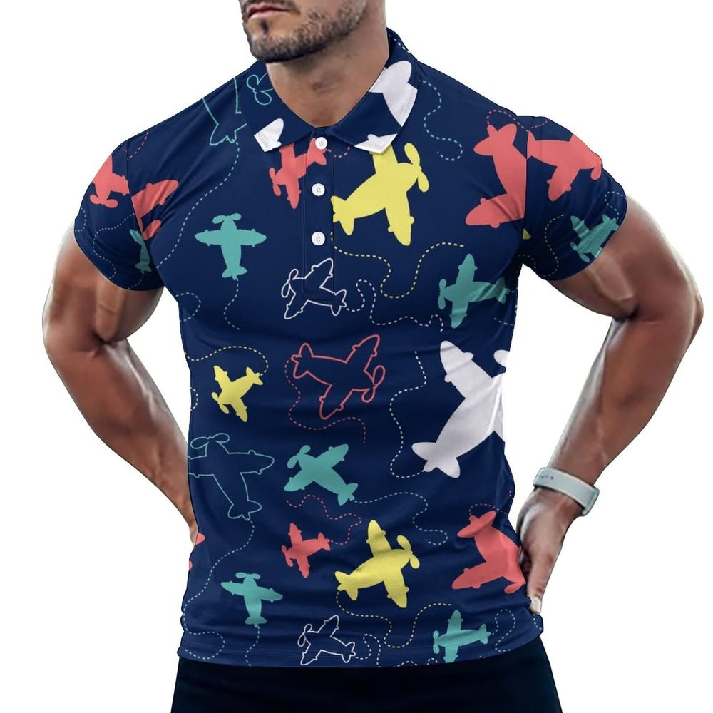 Airplane Pattern Men's Golf Polo-Shirt Casual Short Sleeve T-Shirt Classic Slim Fit Tee Tops 2XL