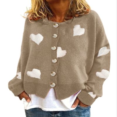 ebossy Women's Trendy Daisy Florar Ribbed Knit Cardigan Button Down Loose Cute Pattern Crop Jacquard Sweater Coat (3X-Large, 02 Khaki)