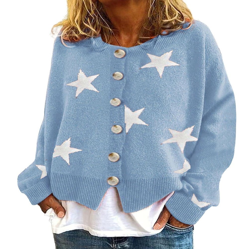 ebossy Women's Trendy Daisy Florar Ribbed Knit Cardigan Button Down Loose Cute Pattern Crop Jacquard Sweater Coat (X-Large, 01 Blue)