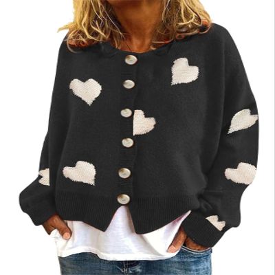 ebossy Women's Trendy Daisy Florar Ribbed Knit Cardigan Button Down Loose Cute Pattern Crop Jacquard Sweater Coat (Small, 02 Black)