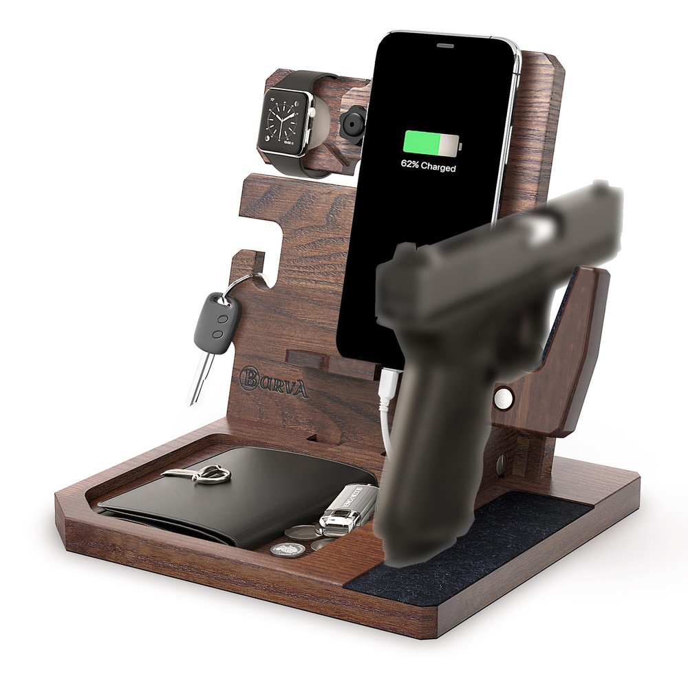 BarvA Phone Docking Station with Patented Adaptive Wood Gun Rack | Night Stand Smart Watch & Phone Stand | Charging Station Desk Organizer | Gun Accessories Storage and Organization