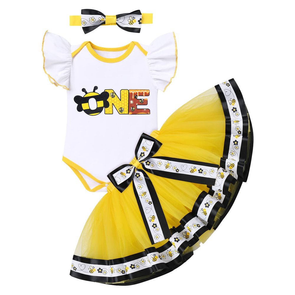 IMEKIS Bee 1st Birthday Outfit for Toddler Baby Girl Cake Smash Photoshoot Romper Mini Tutu Skirt Headband First Birthday Bee Party Clothes Set Yellow Black - Bee One 1T