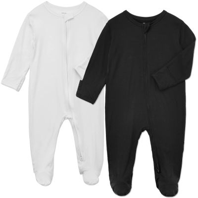Aablexema Baby Footie Pajamas Zipper - Rayon from Bamboo Infant Footed Pjs with Mittens Sleepwear Jammies(White & Black,0-3m)