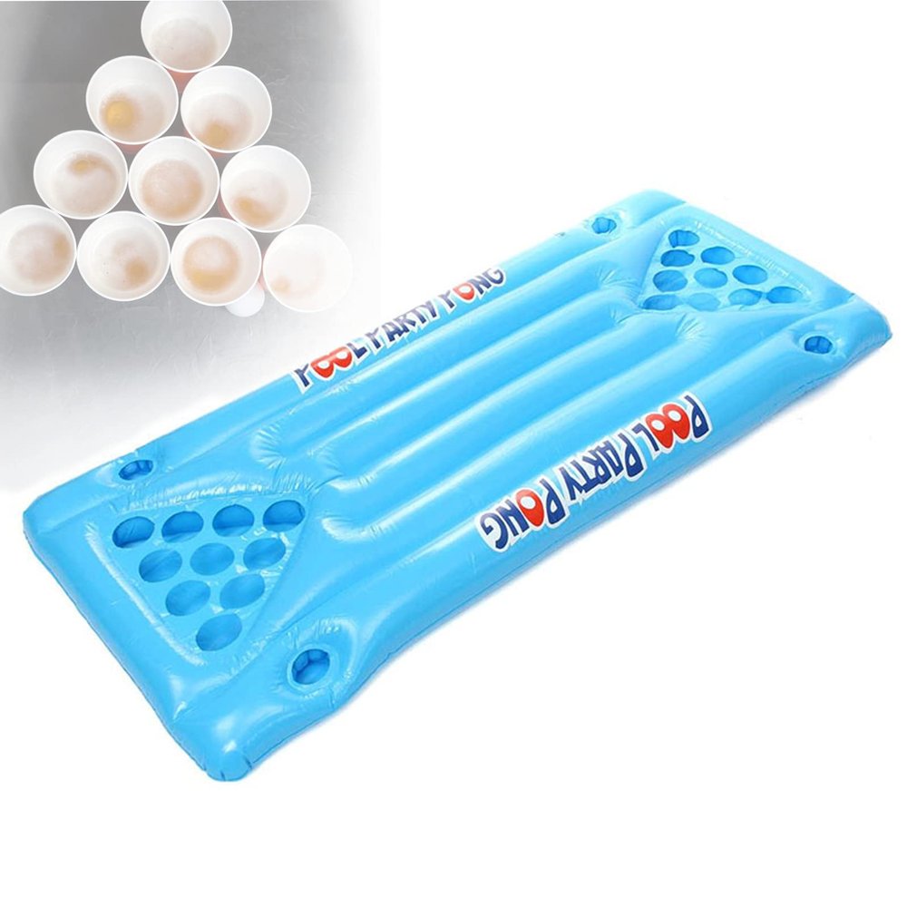 Inflatable Water Party Beer Pong Game, Portable Mini Air Mattress Inflatable Pool Party Float with 24 Cup Holes Cooler Water Floating Hammock for Party Game Drinking Game