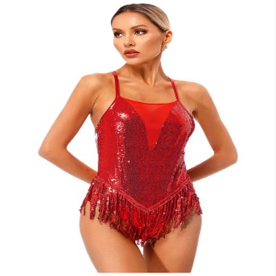 vastwit Women's Sparkling Sequins Fringed Bodysuit Cross Back Tassel Hem Leotards Latin Jazz Costume Red Medium