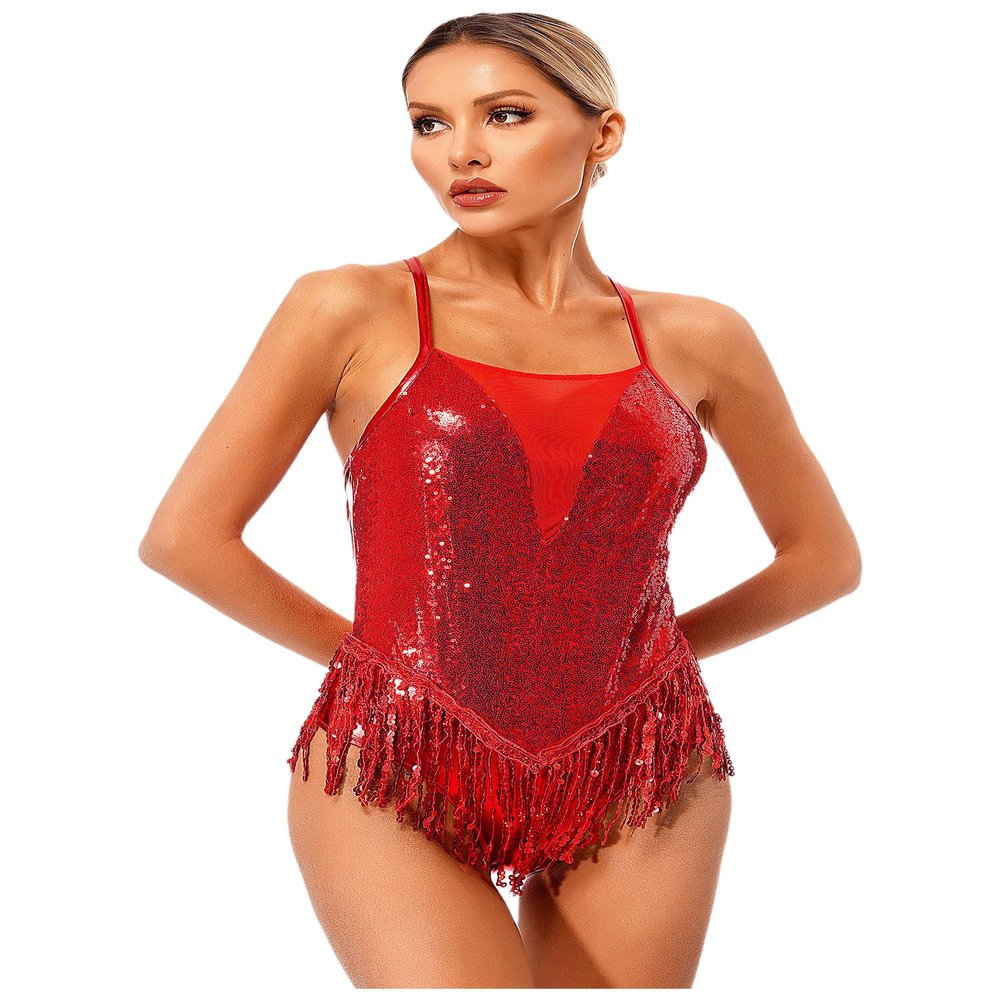 vastwit Women's Sparkling Sequins Fringed Bodysuit Cross Back Tassel Hem Leotards Latin Jazz Costume Red Medium