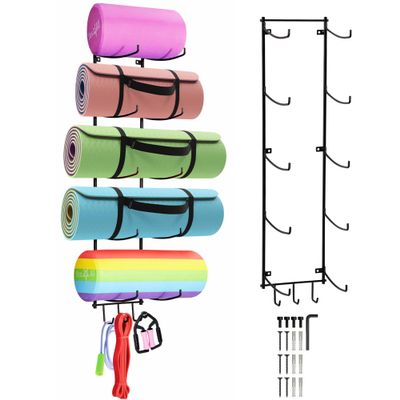 Yes4All 3-Tier and 5-Tier Steel Yoga Mat Rack Organizer Wall Mount with 3 Hooks, Foam Roller Holder Wall Mount Rack For Yoga Mat Storage, Hanging Yoga Strap and Resistance Bands