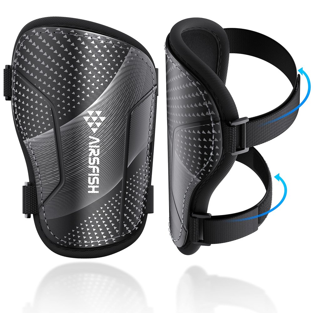 Shin Guards Soccer Kids Youth, CE Certified Airsfish Shin Pads Protection Gear for 2-18 Years Old Boys Girls Teenagers High Impact Resistant Breathable Comfortable 1 Pair 4 Sizes (Medium, Black)