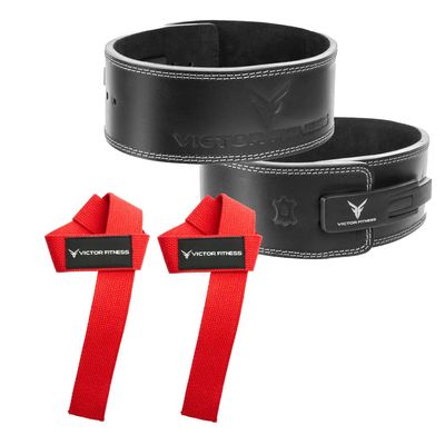 100% Top-Grain Leather 10mm Thick 4" Wide Quick Adjustable Metal Lever Powerlifting Belt for Men and Women + 24" Red Weightlifting Straps (XX-Large)