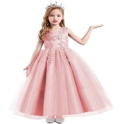 REXREII Flower Girls Embroidered Lace Sequins Tulle Dress Pageant Wedding Birthday Party Communion Formal Evening Long Gown Pink 6-7T