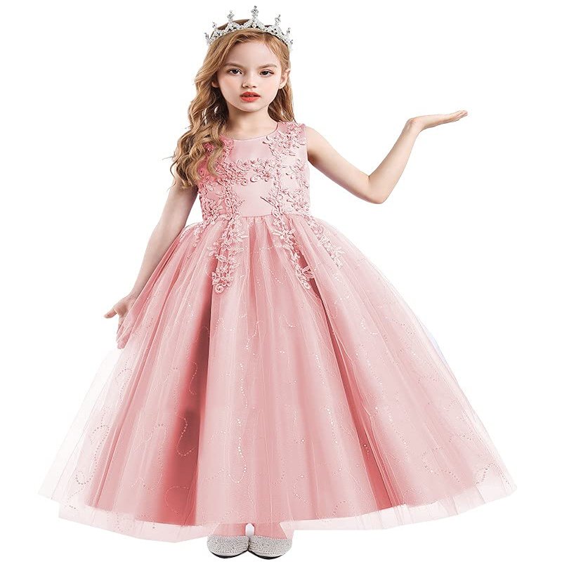REXREII Flower Girls Embroidered Lace Sequins Tulle Dress Pageant Wedding Birthday Party Communion Formal Evening Long Gown Pink 6-7T