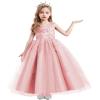 REXREII Flower Girls Embroidered Lace Sequins Tulle Dress Pageant Wedding Birthday Party Communion Formal Evening Long Gown Pink 6-7T view 1