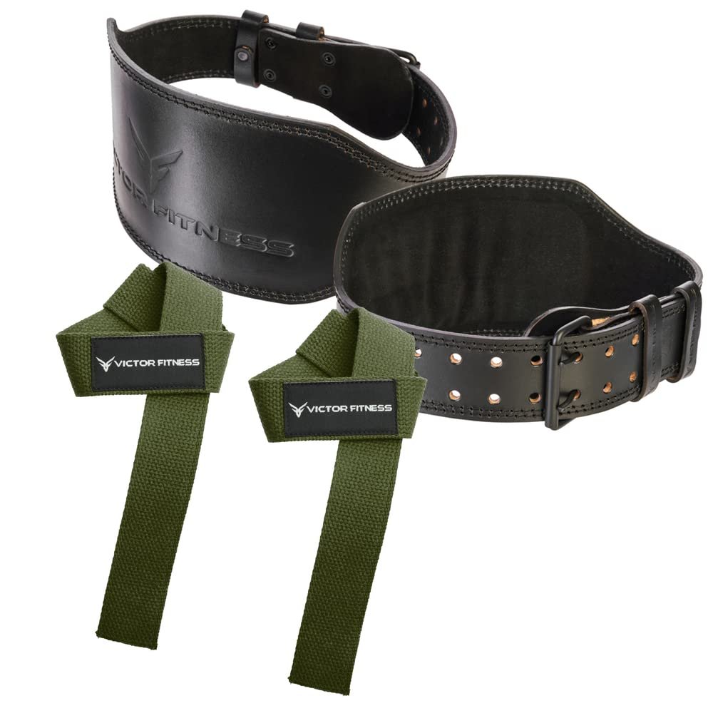 100% Top-Grain Leather 10mm Thick 6 Wide to 2.5 Taper Heavy-Duty Dual Prong Weightlifting Belt for Men and Women + 24" Military Green Weightlifting Straps (Medium)