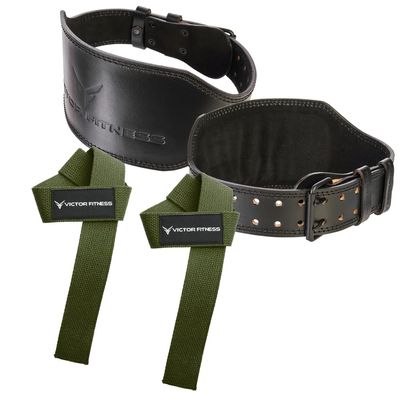 100% Top-Grain Leather 10mm Thick 6 Wide to 2.5 Taper Heavy-Duty Dual Prong Weightlifting Belt for Men and Women + 24" Military Green Weightlifting Straps (Small)