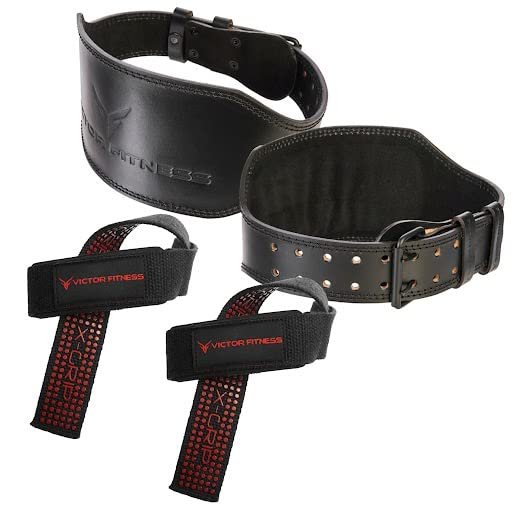 100% Top-Grain Leather 10mm Thick 6 Wide to 2.5 Taper Heavy-Duty Dual Prong Weightlifting Belt for Men and Women + 24" Black Padded Weightlifting Straps (Large)