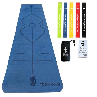 BodyForge Yoga Mat Thick Exercise Mat Thick Non-Slip Extra Thick High-Density Pilates (Blue/Light Blue) & Resistance Exercise Loop Exercise Bands with Instruction Guide and Carry Bag, Set of 5 Bundle