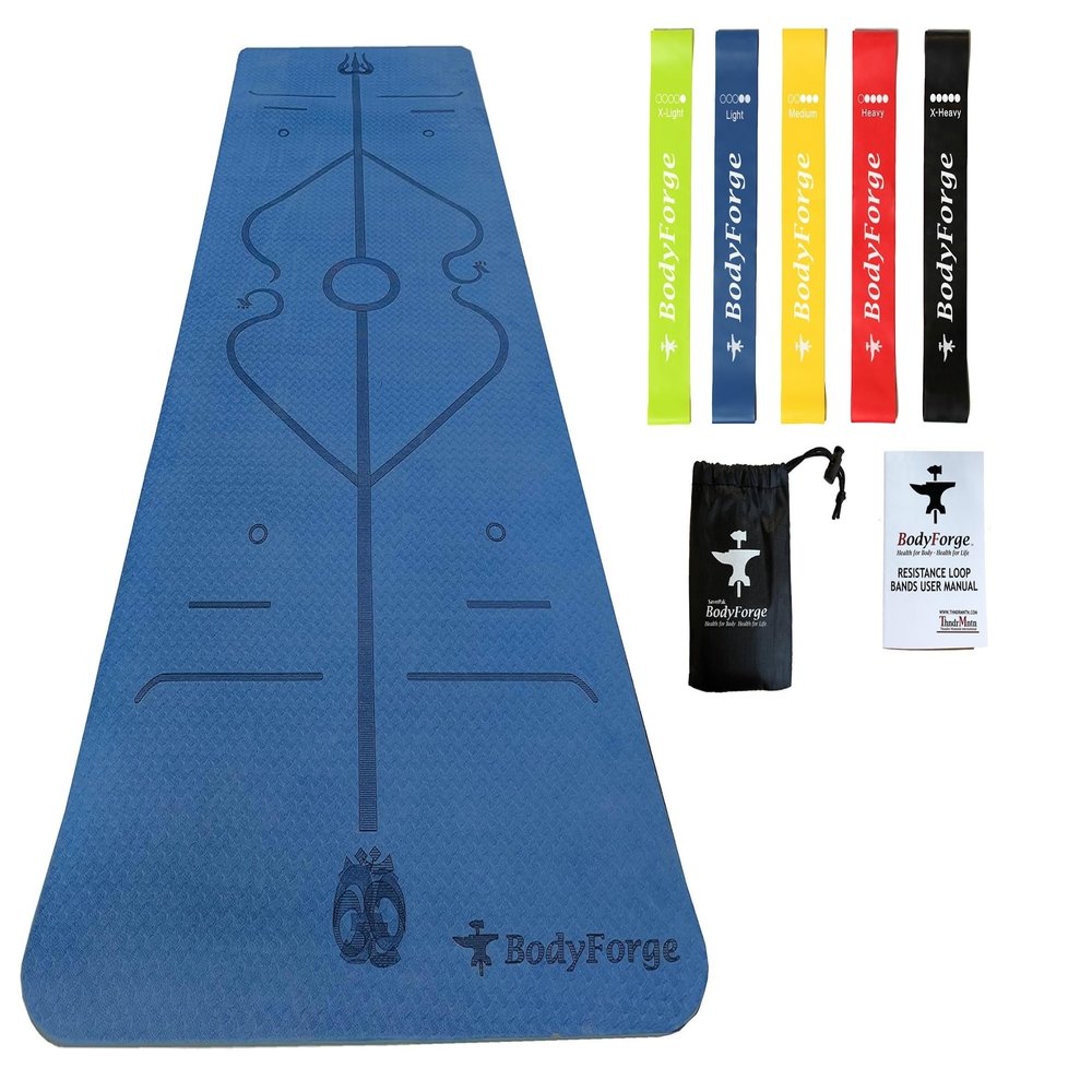 BodyForge Yoga Mat Thick Exercise Mat Thick Non-Slip Extra Thick High-Density Pilates (Blue/Light Blue) & Resistance Exercise Loop Exercise Bands with Instruction Guide and Carry Bag, Set of 5 Bundle