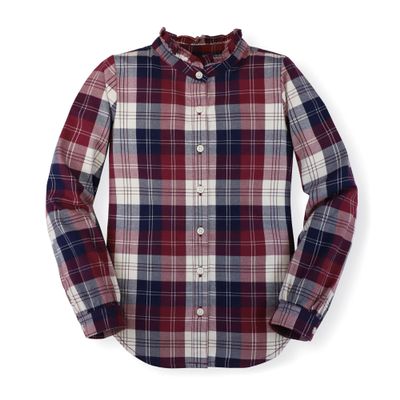 Hope & Henry Baby Girls' Long Sleeve Ruffle Collar Button Down Shirt, 3-6 Months, Berry Tartan