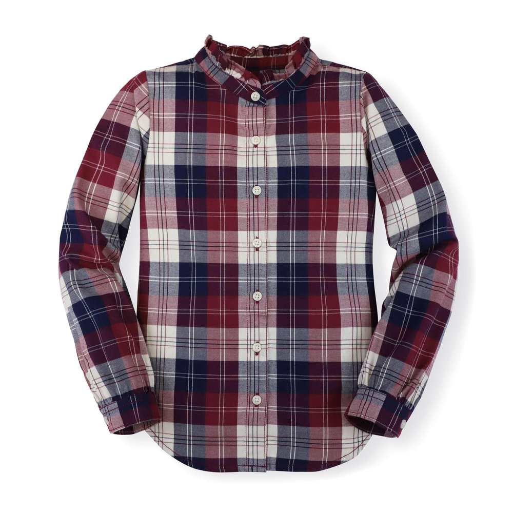 Hope & Henry Baby Girls' Long Sleeve Ruffle Collar Button Down Shirt, 3-6 Months, Berry Tartan