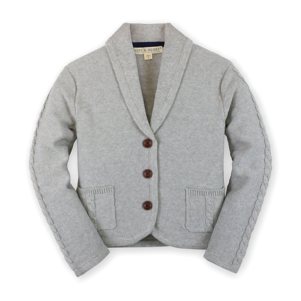 Hope & Henry Girls' Long Sleeve Shawl Collar Cable Sweater Blazer, 5, Gray Heather