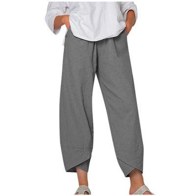 QWENTMTNTY Plus Size Capris Pants for Women Cotton Linen Wide Leg Casual Summer Comfy High Waisted Loose Crop Pants Pockets