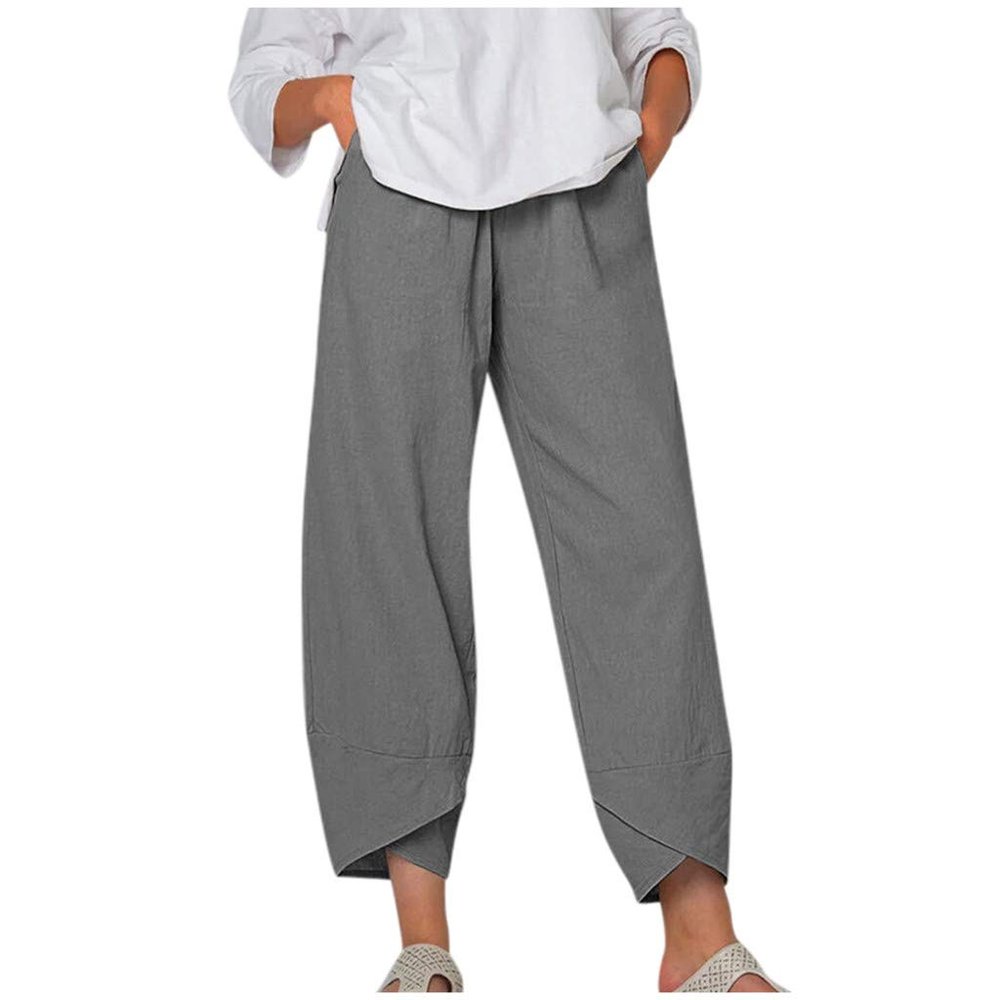 QWENTMTNTY Plus Size Capris Pants for Women Cotton Linen Wide Leg Casual Summer Comfy High Waisted Loose Crop Pants Pockets