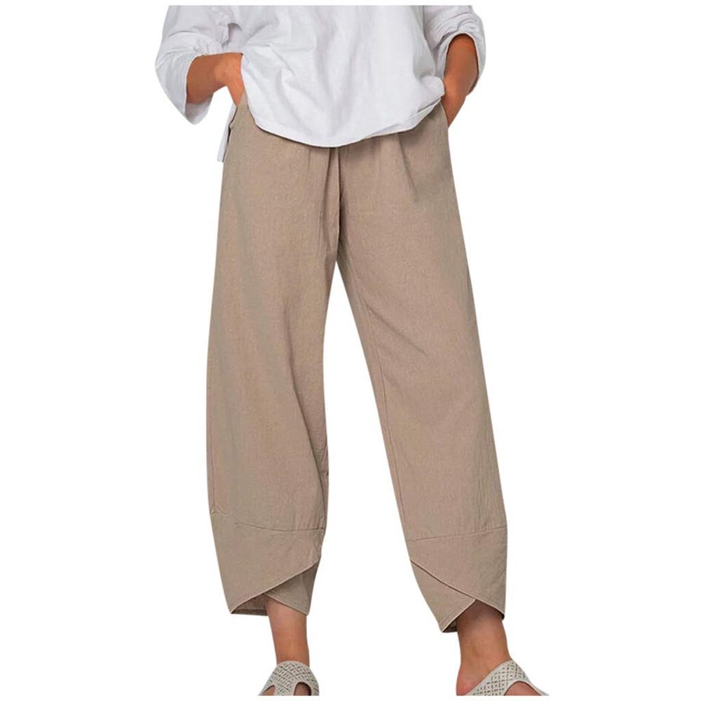 QWENTMTNTY Plus Size Capris Pants for Women Cotton Linen Wide Leg Casual Summer Comfy High Waisted Loose Crop Pants Pockets