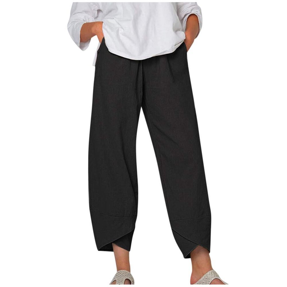QWENTMTNTY Plus Size Capris Pants for Women Cotton Linen Wide Leg Casual Summer Comfy High Waisted Loose Crop Pants Pockets