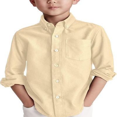 Boys' Long Sleeve Dress Shirts Classic Collared Button-Down Tshirt Solid Cotton Top with Chest Pocket White
