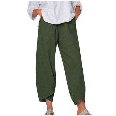 QWENTMTNTY Plus Size Capris Pants for Women Cotton Linen Wide Leg Casual Summer Comfy High Waisted Loose Crop Pants Pockets