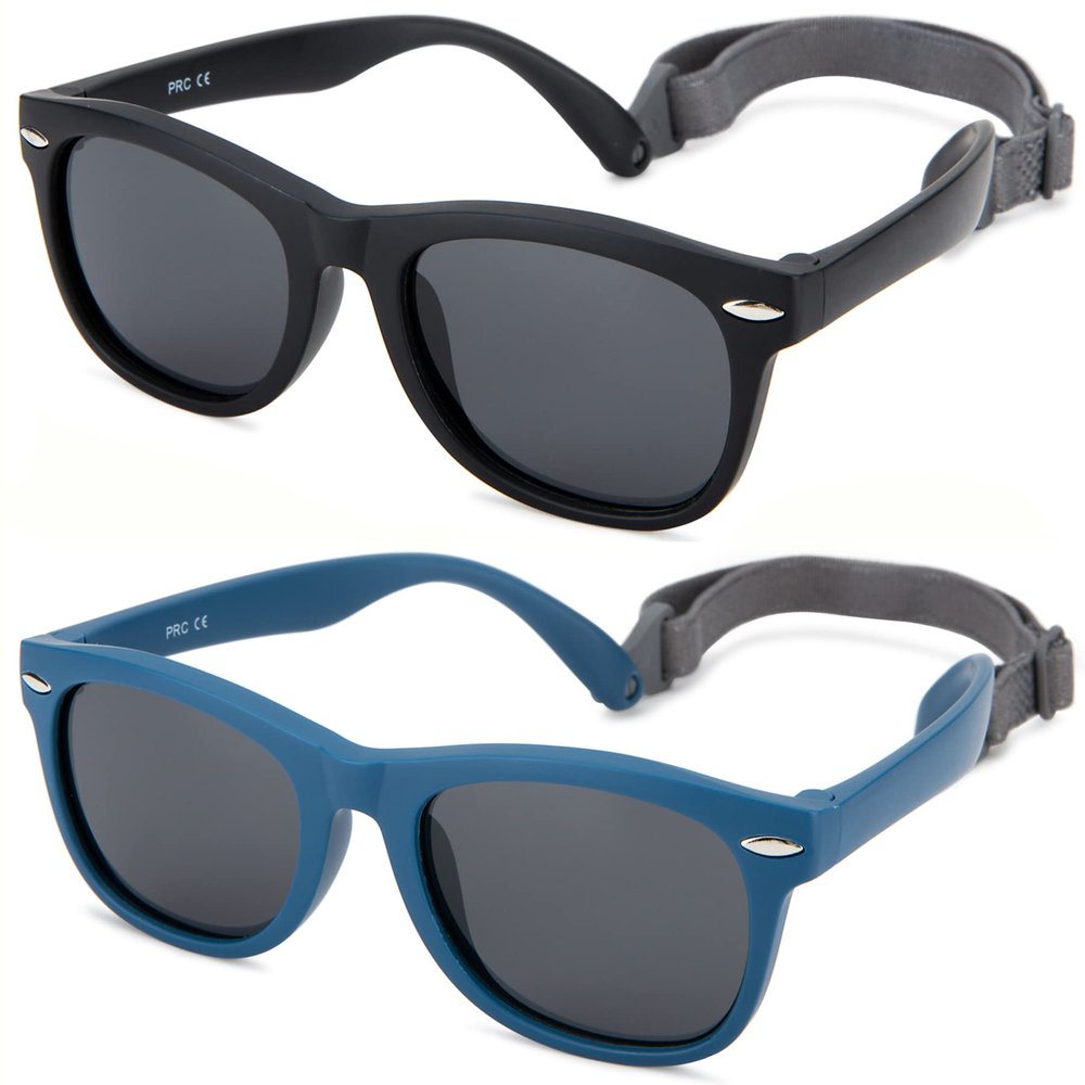 Hycredi Flexible Polarized Baby Sunglasses with Strap for Newborn Infant Boys Girls Age 0-24 Months-Matte Blue/Grey+Matte Black/Grey