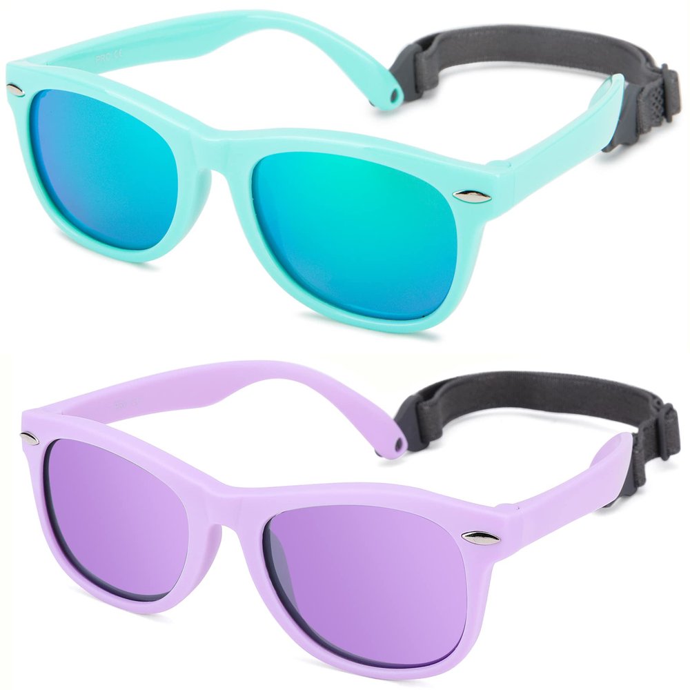 Hycredi Flexible Polarized Baby Sunglasses with Strap for Newborn Infant Boys Girls Age 0-24 Months-Green/Green Mirrored+Matte Purple/Purple Mirrored
