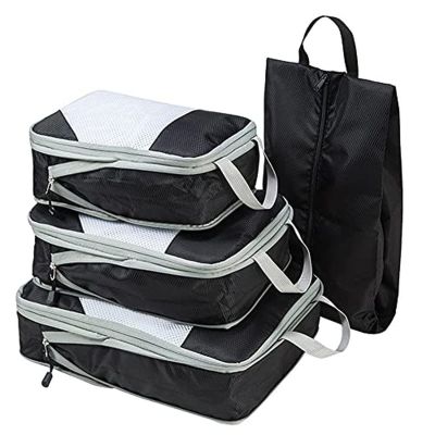 4pcs/Set Portable Travel Storage Bag Suitcase Organizer Set Extensible Packing Mesh Bags for Clothing Underwear Shoes (Black)