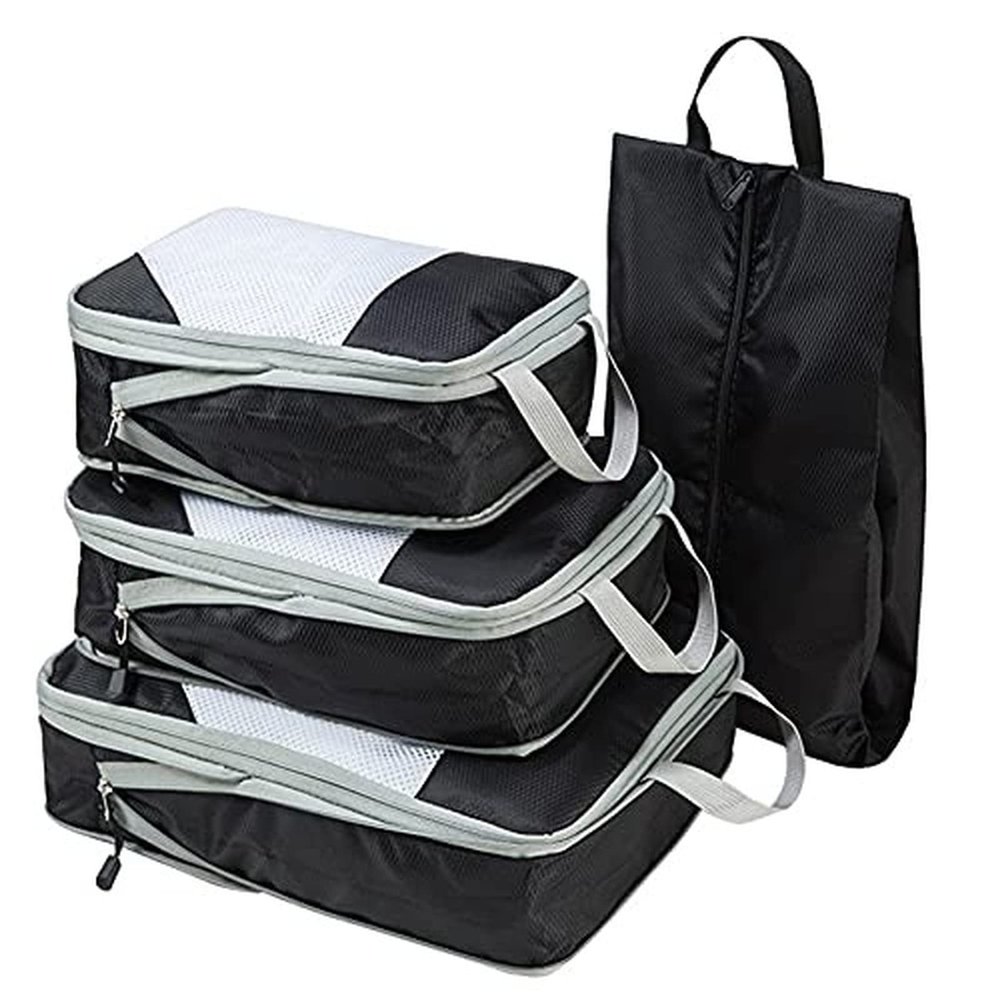 4pcs/Set Portable Travel Storage Bag Suitcase Organizer Set Extensible Packing Mesh Bags for Clothing Underwear Shoes (Black)