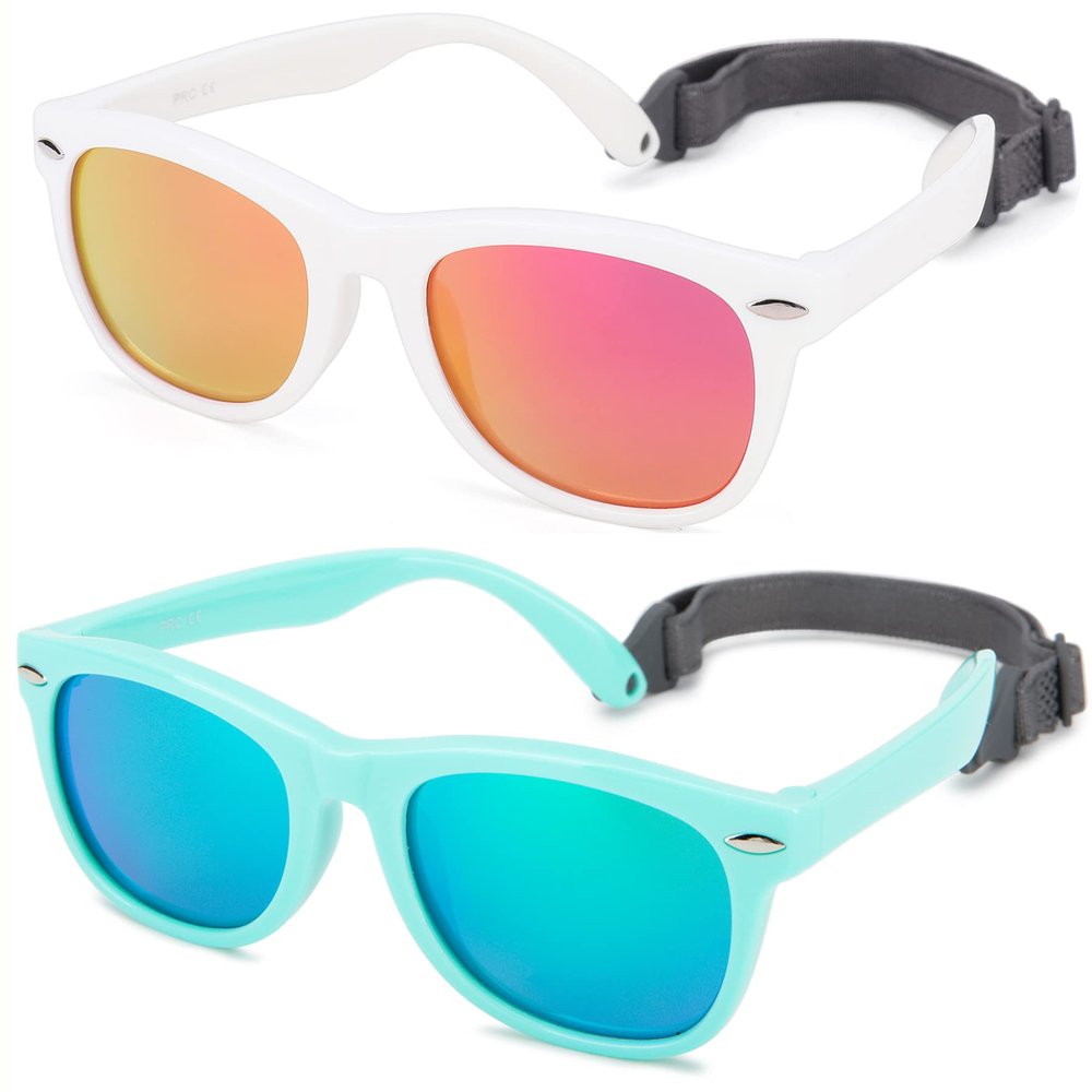 Hycredi Flexible Polarized Baby Sunglasses with Strap for Newborn Infant Boys Girls Age 0-24 Months-Green/Green Mirrored+White/Purple Red Mirrored