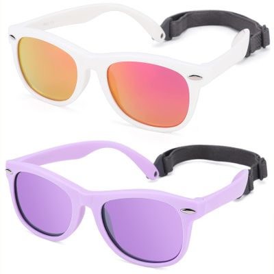 Hycredi Flexible Polarized Baby Sunglasses with Strap for Newborn Infant Boys Girls Age 0-24 Months-White/Red Mirrored + Matte Purple/Mirrored