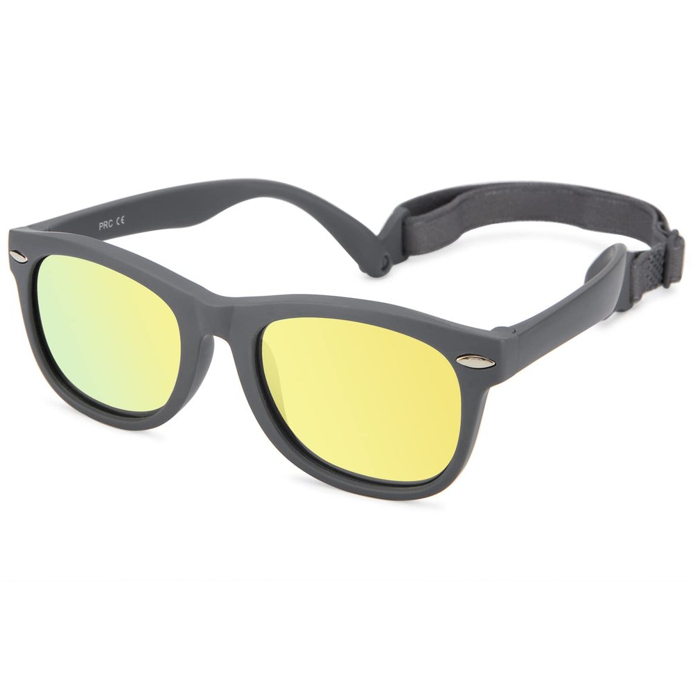 Hycredi Flexible Polarized Baby Sunglasses with Strap for Newborn Infant Boys Girls Age 0-24 Months-Matte Gray/Gold Mirrored