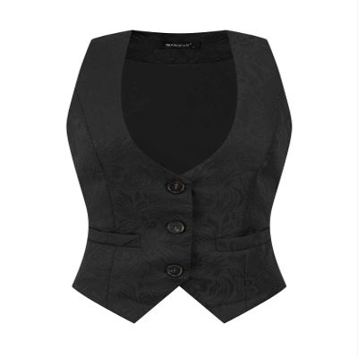 Allegra K Vintage Vest for Women's Button Up Jacquard Steampunk Suit Waistcoat with Pockets Medium Black