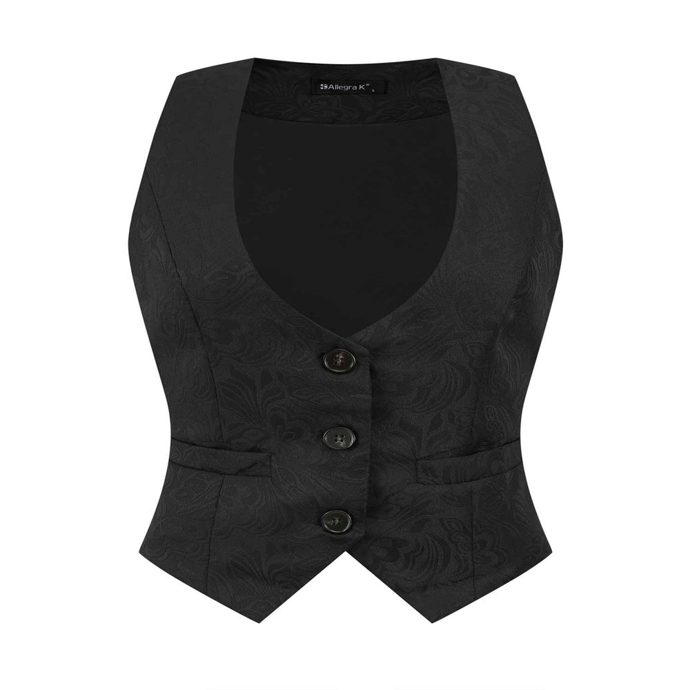 Allegra K Vintage Vest for Women's Button Up Jacquard Steampunk Suit Waistcoat with Pockets Medium Black