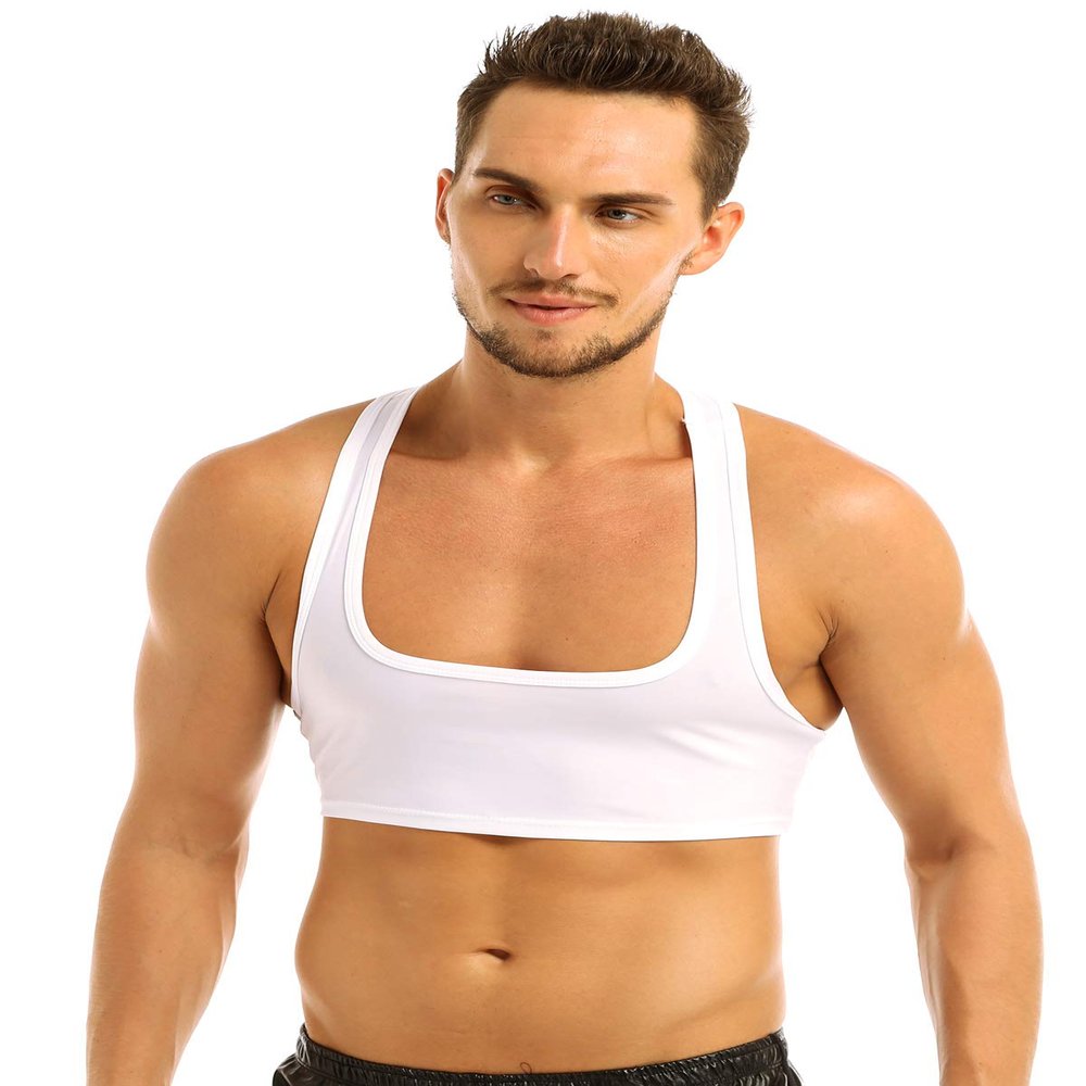 JEEYJOO Men's Short Solid Sleeveless Y Back Muscle Half Tank Top T-Shirts Sports Bras for Men White XX-Large