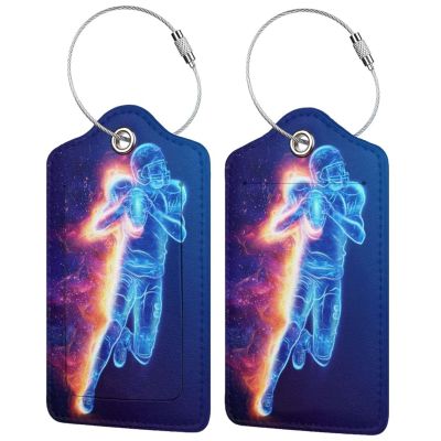 Cool Blue Travel Luggage Tags Football Themed, 2Pcs Leather Suitcases Bag Tag for Sports Boys Men Kids, Name Labels Baggage Tags with Full Back Privacy Name ID Card Stainless Steel Loop