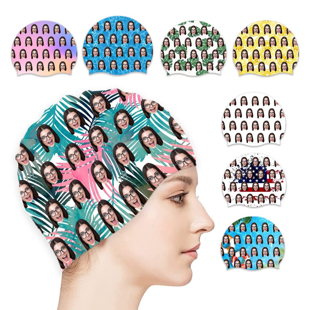 Custom Swim Cap with Your Photo Personalized Silicone Swim Cap for Men and Women Swimming, Flexible Adult Swimmers Cap for Short and Medium Length Hair