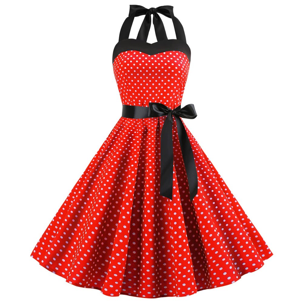 1950s Vintage Evening Dress Party Dresses Women Cocktail Bridesmaid Halter Neck Cocktail Dress, Women 1950's Vintage Polka Dots Maid Retro Attire Pin Up Dresses D#Red XL