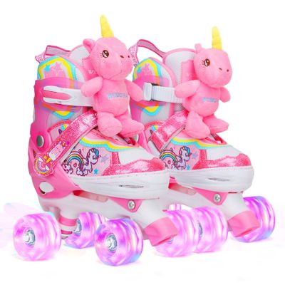 Unicorn Doll Kids Toddler Roller Skates for Girls,WESKIFAN Quad Skating Shoes with Shiny Light up Wheels&Adjustable Sizes Beginners rollerskates for Birthday Xmas Gifts,Patines para Nias Nios