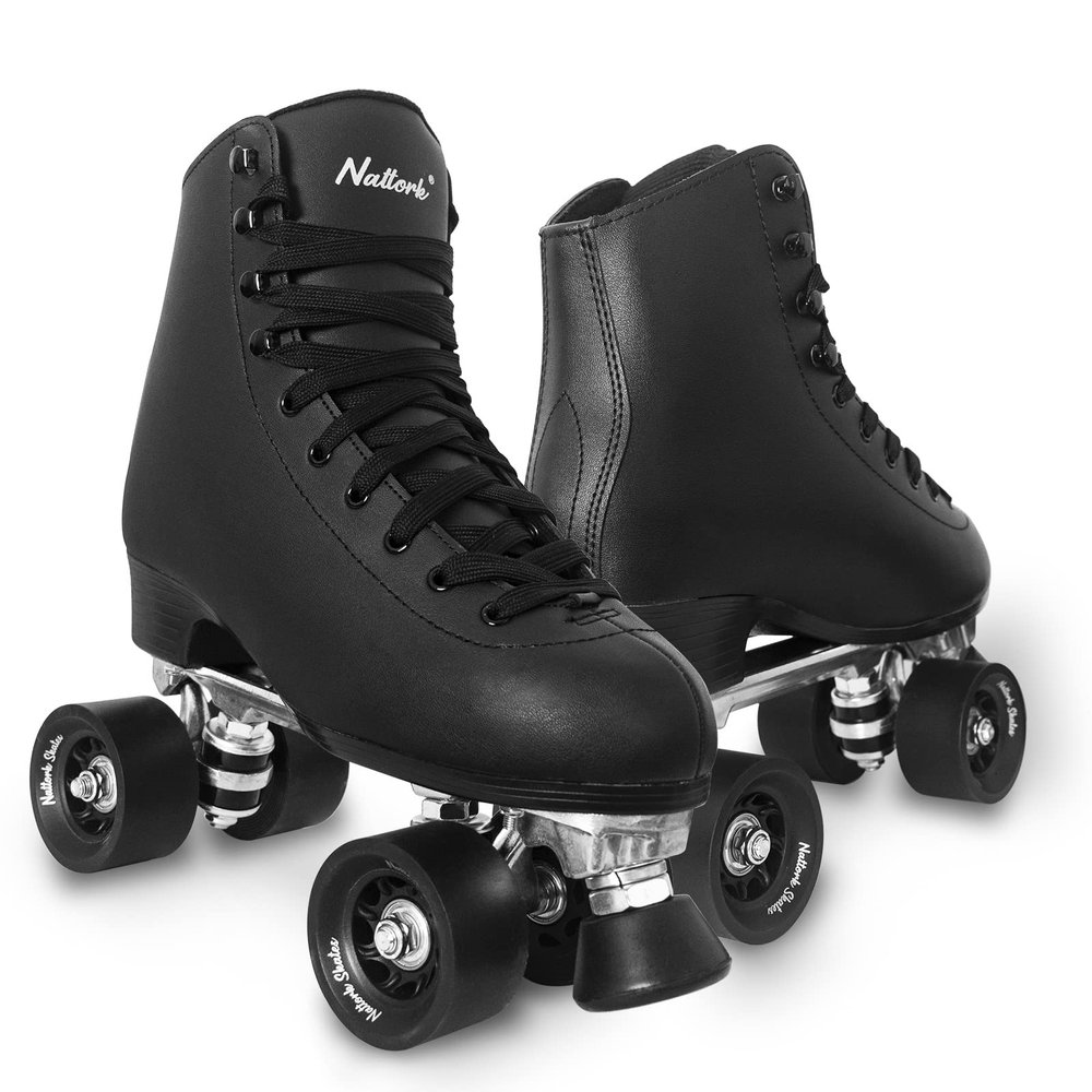 Roller Skates for Women with PU Leather High-top Double Row Rollerskates, Unisex-Adult Indoor Outdoor Black Derby Skate Men Size 8 with Adjustable Fast Braking for Beginner