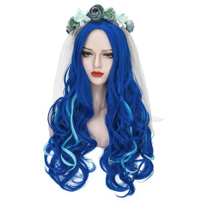 Probeauty Blue Wig with Flower Crown Wedding Veil, Women Long Blue Ombre Body Wave Wig for Halloween Costume