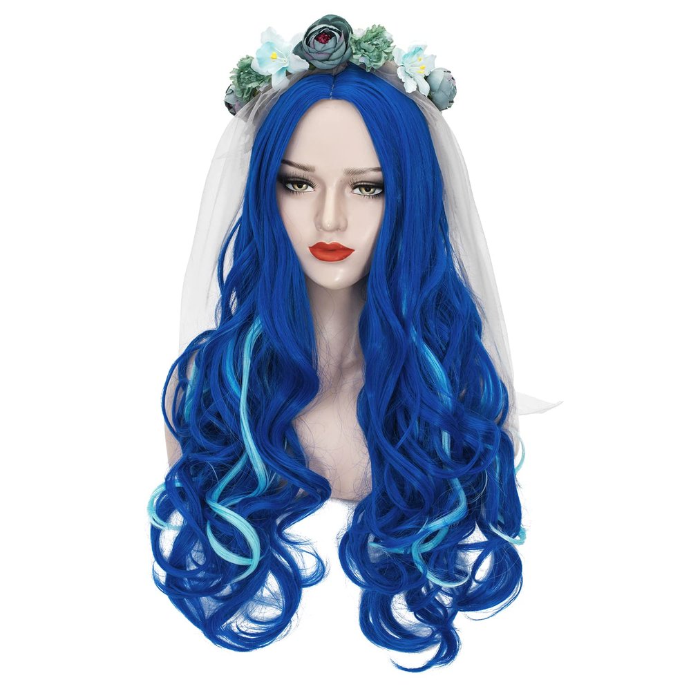 Probeauty Blue Wig with Flower Crown Wedding Veil, Women Long Blue Ombre Body Wave Wig for Halloween Costume