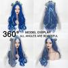 Probeauty Blue Wig with Flower Crown Wedding Veil, Women Long Blue Ombre Body Wave Wig for Halloween Costume view 3